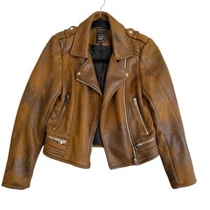 Zara Y2K Faux Leather Moto Biker Jacket Womens XS Brown Distressed Quilted Indie